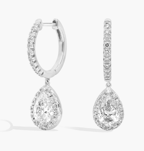 Lab Grown Diamond Pear Halo Dangle Earrings in 14K White Gold